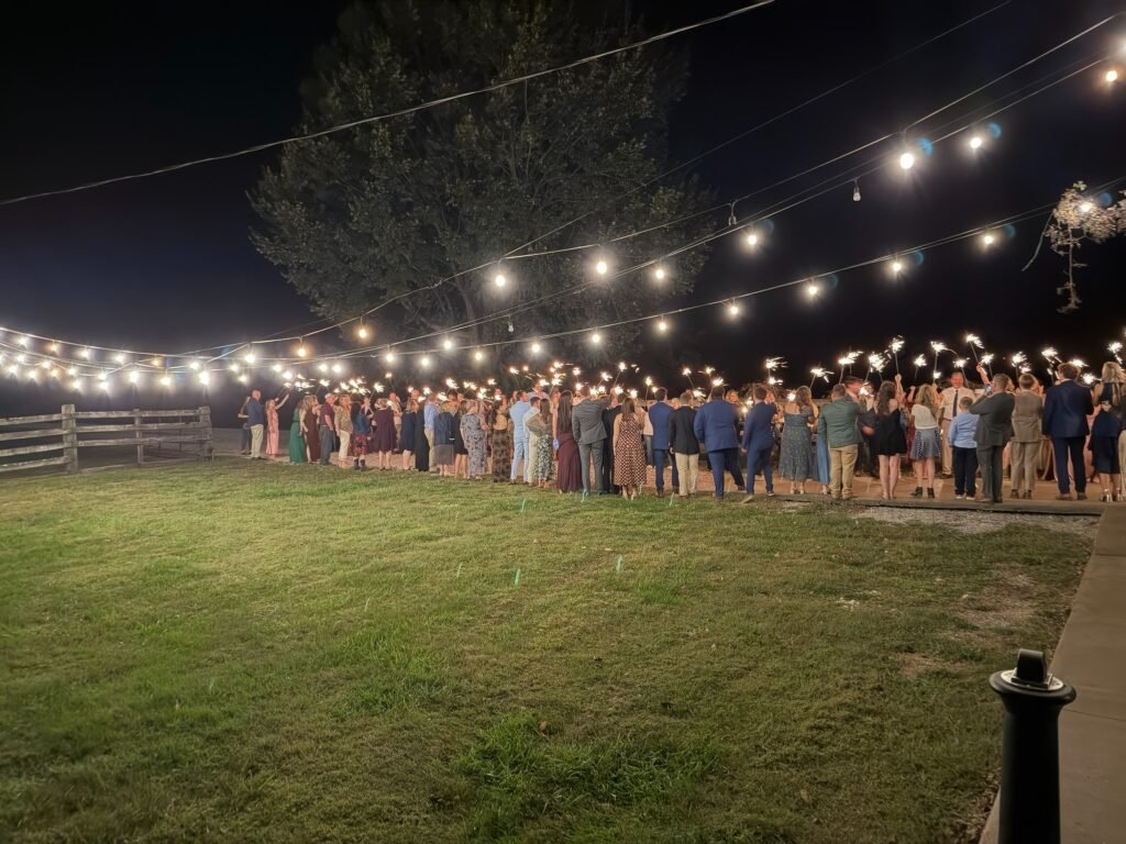 Burdoc Farms Wedding DJ | Crofton KY Wedding DJ & MC 3 Guests in formal attire hold lit sparklers in two lines on a lawn at night under string lights