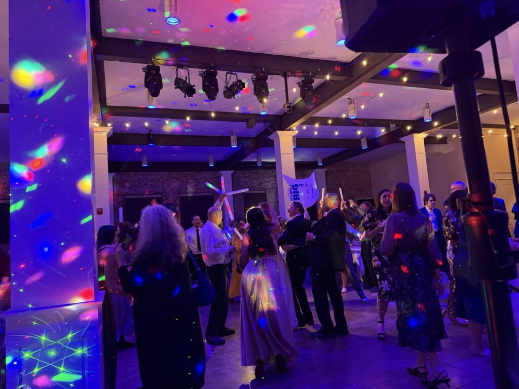 Dance floor lighting at a City View wedding in Evansville