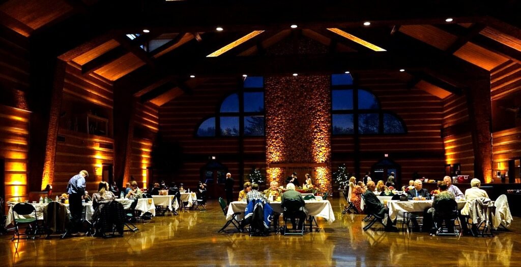 Evansville’s Premier Wedding DJ & MC 5 Warm reception lighting at Discovery Lodge in Evansville, Indiana