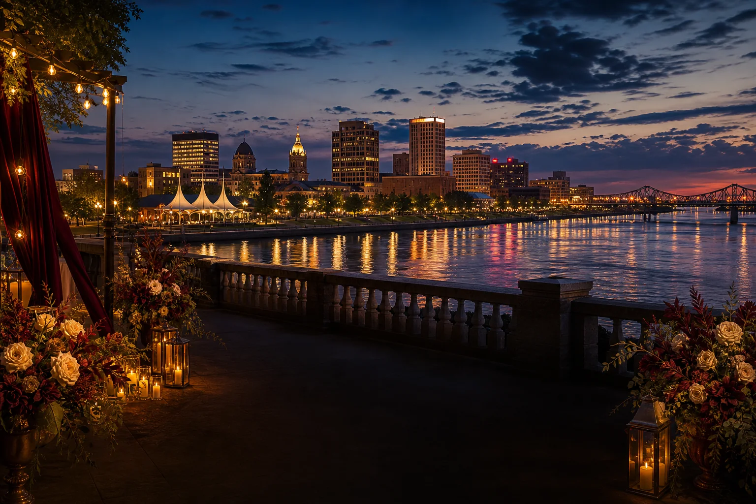 City skyline at twilight across a river, viewed from a decorated stone balcony with floral arrangements and candle lanterns.