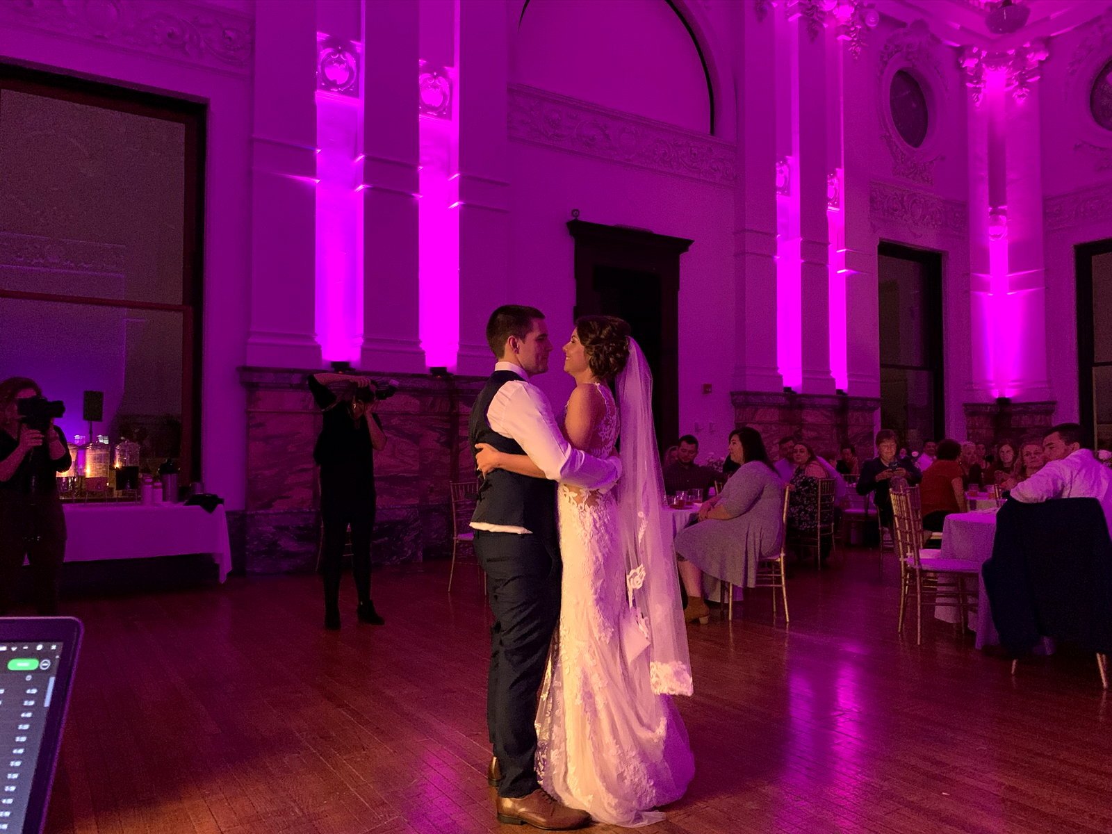 First dance with colorful uplighting at the Old Courthouse in Evansville