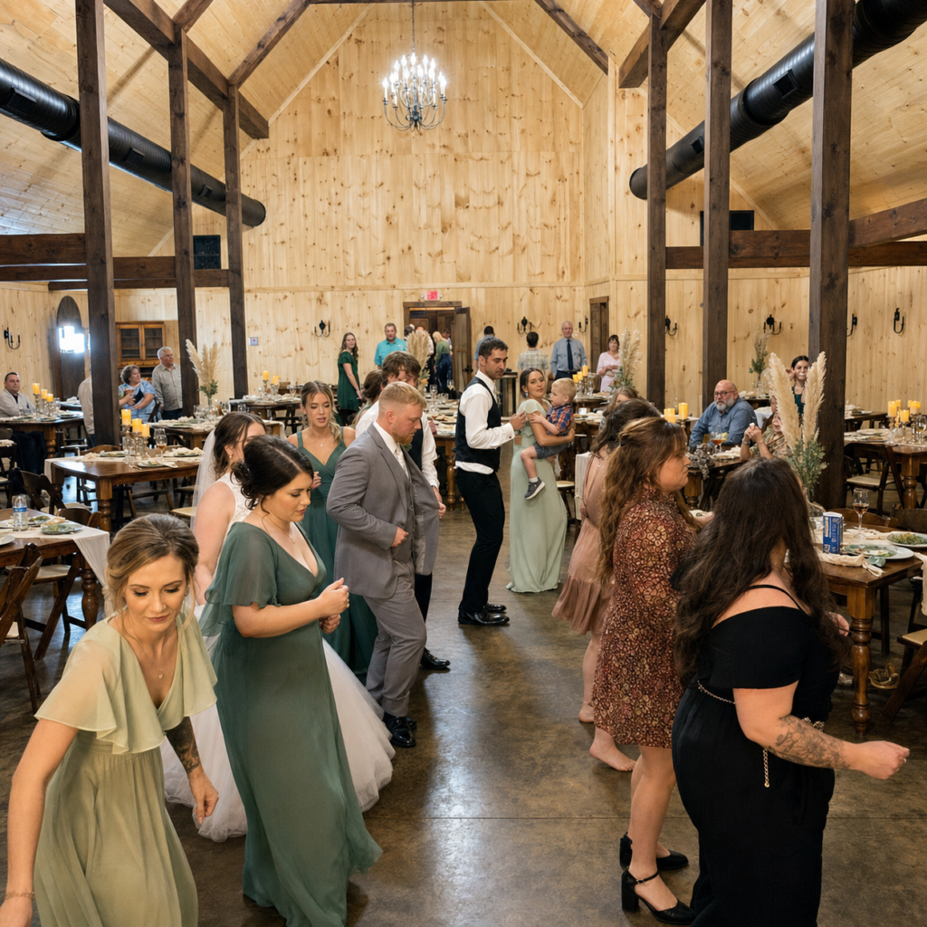 Wedding guests, including bridesmaids in sage green dresses, mingle and dance in a rustic wooden barn