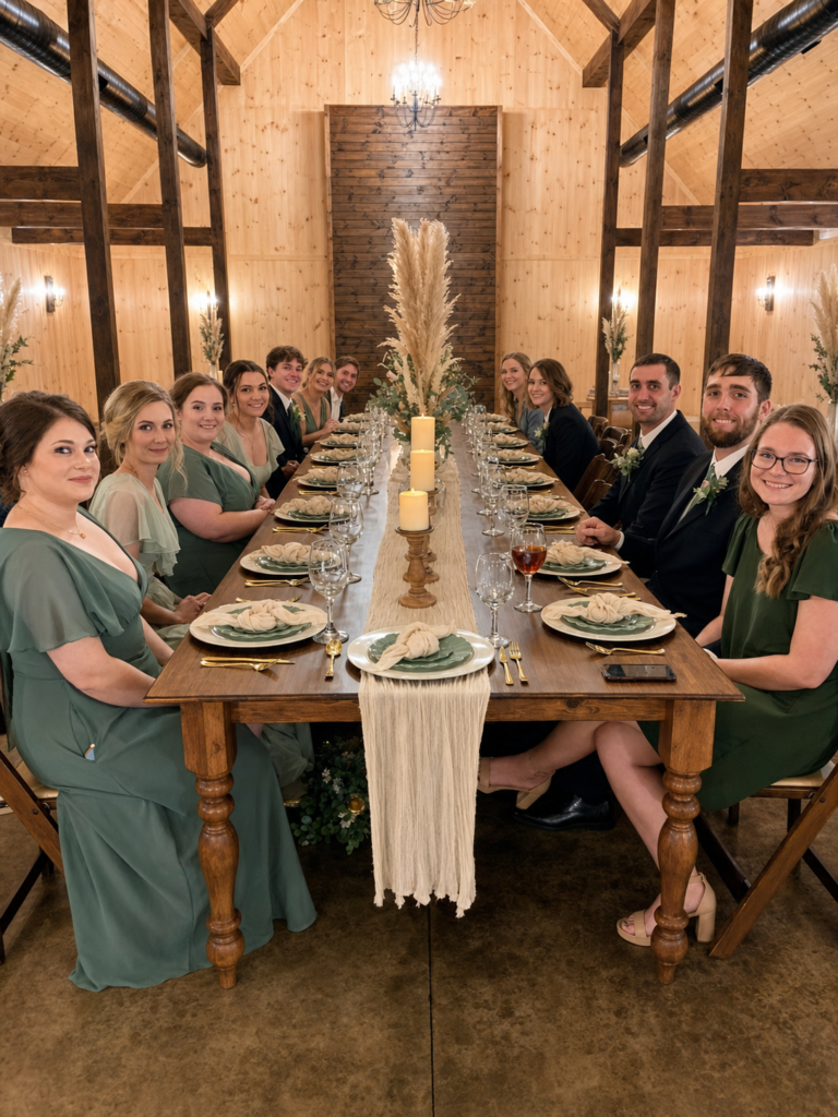 Wedding party in sage green dresses and dark suits seated at a long, decorated wooden table in a rustic wood-paneled venue