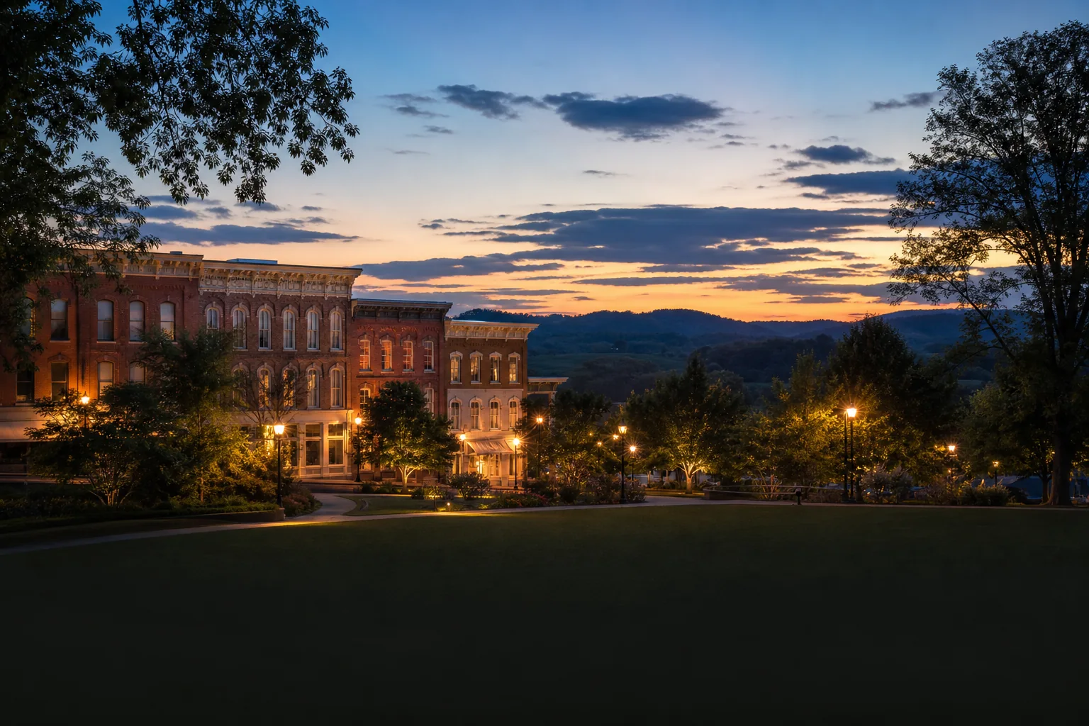 Historic brick buildings glow with warm window light along a park path during a colorful sunset over distant hills.