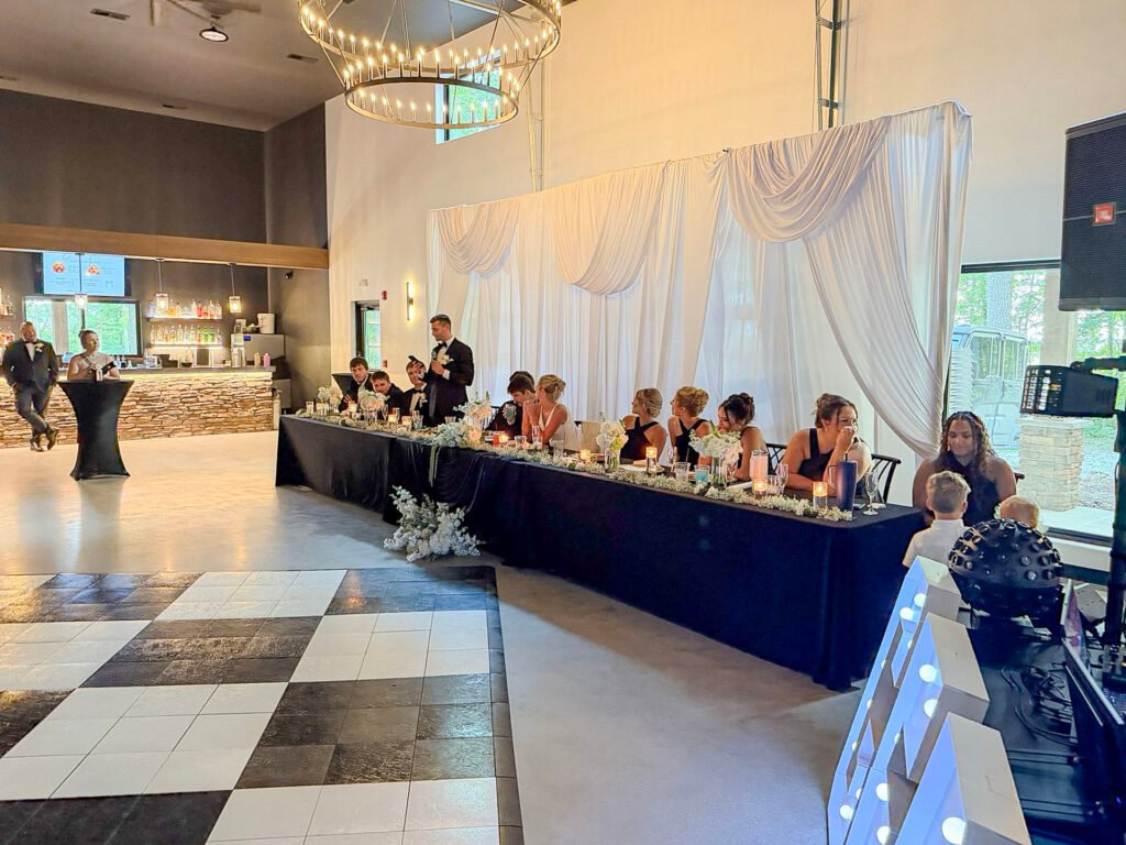 A speech at the head table during a wedding reception at Highbanks Wedding & Events.