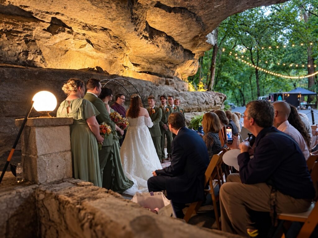 Bowling Green Kentucky Wedding DJ 5 Wedding ceremony beneath the rock formations at Lost River Cave in Bowling Green, Kentucky
