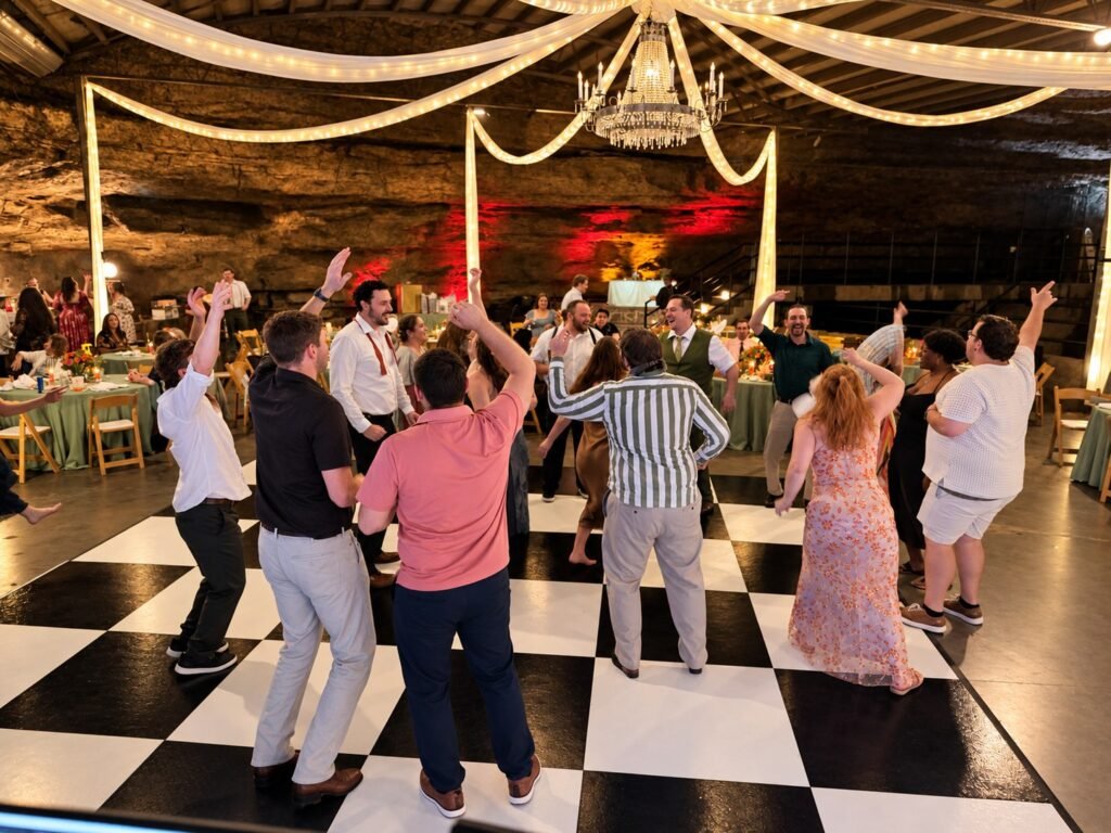 Bowling Green Kentucky Wedding DJ 4 Wedding reception dance floor beneath a chandelier at Lost River Cave in Bowling Green, Kentucky