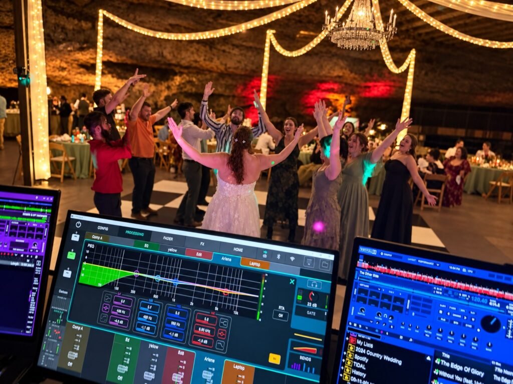 Bowling Green Kentucky Wedding DJ 2 Wedding DJ setup with guests dancing at a Lost River Cave reception in Bowling Green, Kentucky